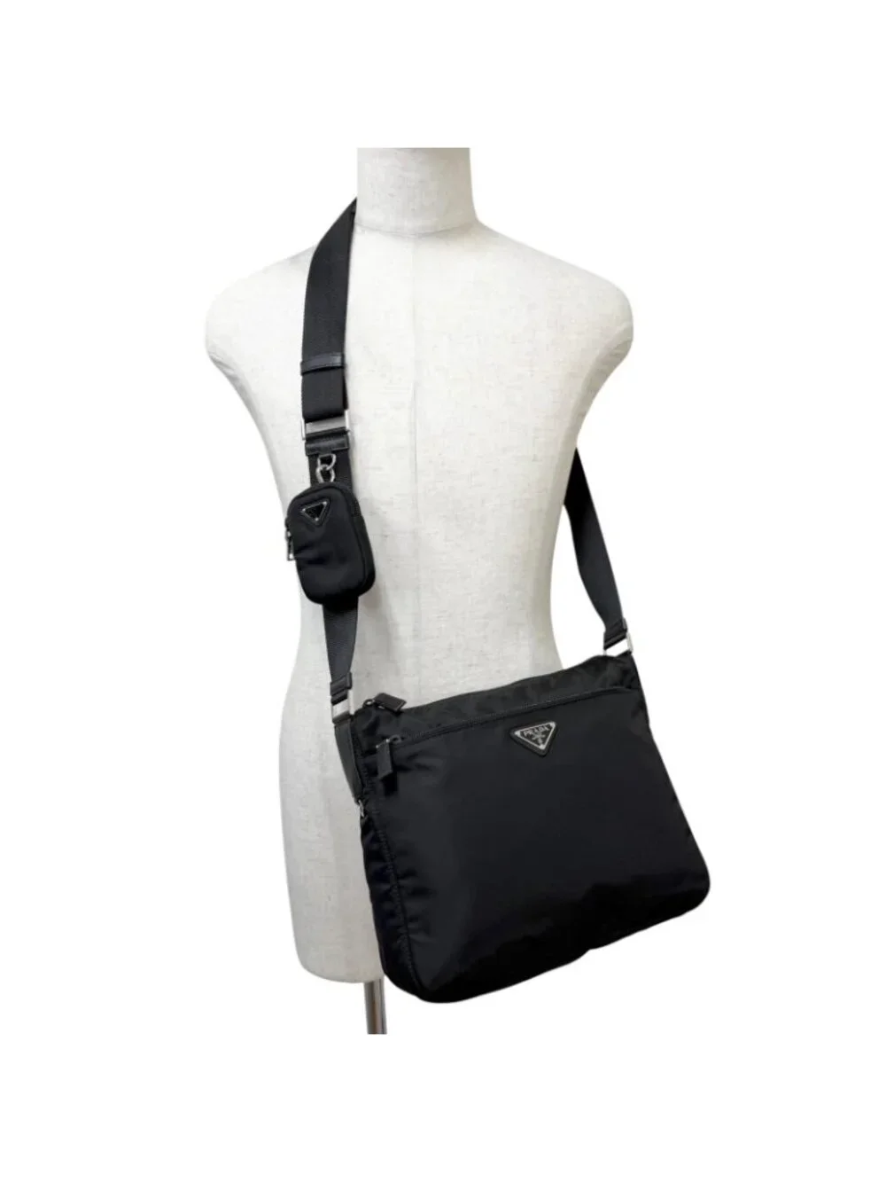 Prada Leather Re-Nylon Triangle Logo Pouch Crossbody Shoulder Bag Black
